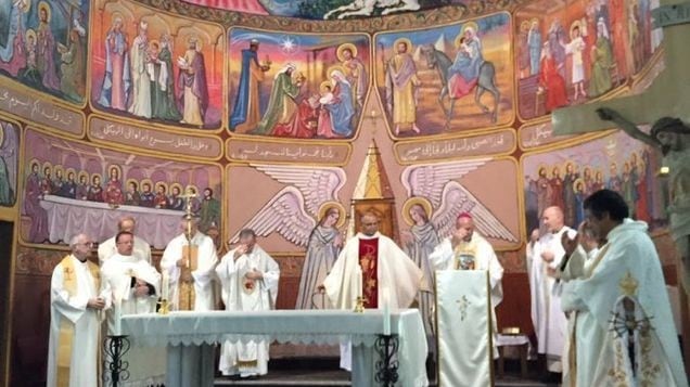 The celebration of Mass taking place in the Holy Family Church, Gaza, in 2016 (Catholic Communications Office archive).