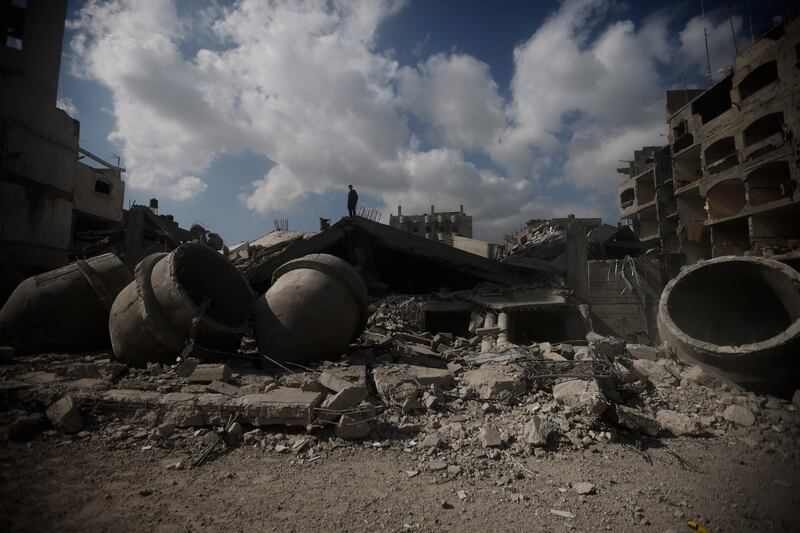 A mosque destroyed in an Israeli strike in Rafah (Mohammed Dahman/AP)