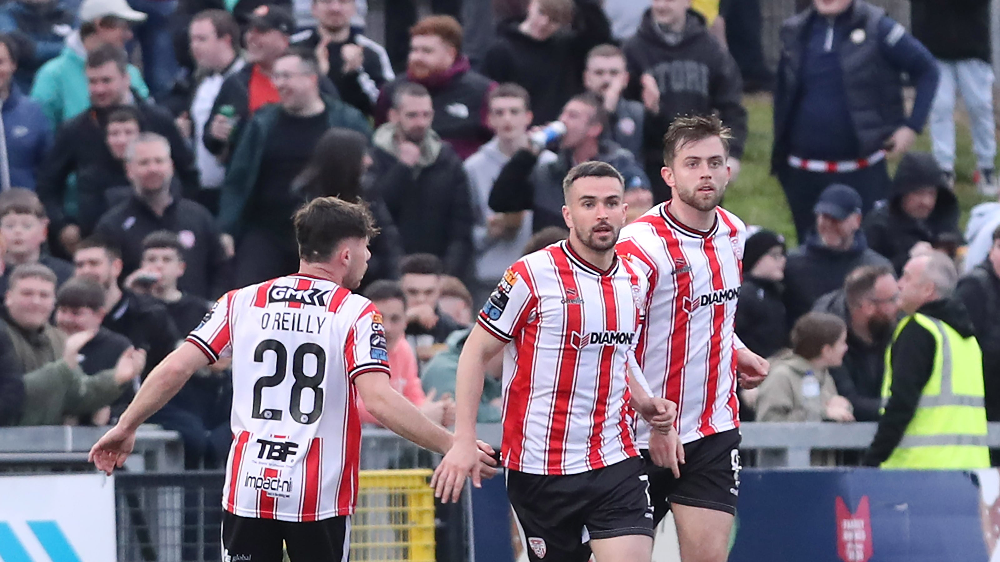 Derry City Michael Duffy (centre) celebrates his goal against Sligo Rovers at the Brandywell on Friday night. Picture Margaret McLaughlin  24-5-2024