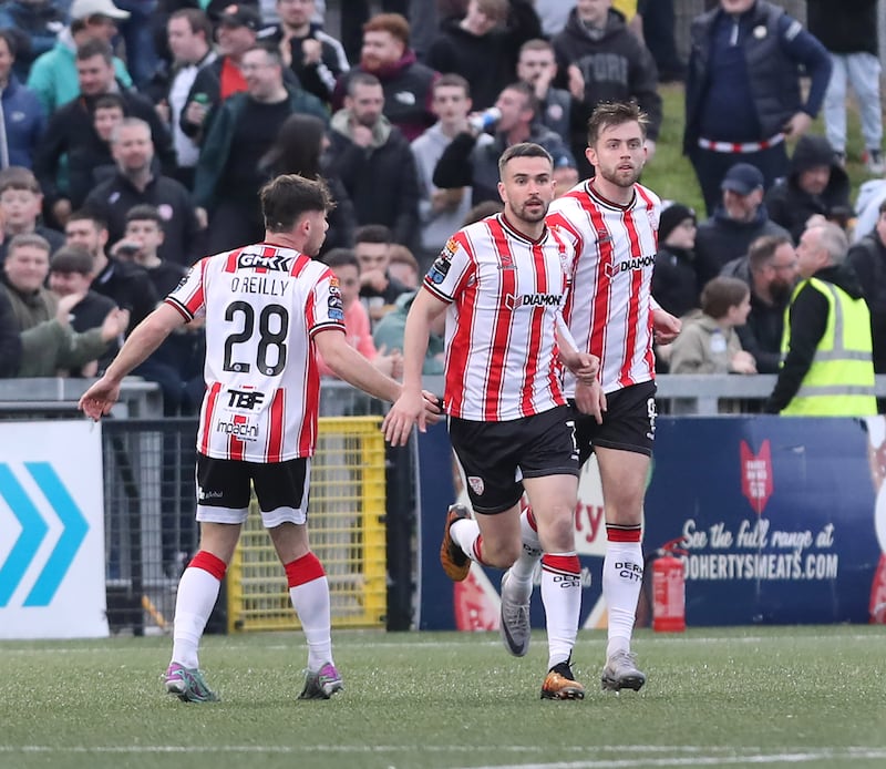 Derry City Michael Duffy (centre) celebrates his goal against Sligo Rovers at the Brandywell on Friday night. Picture Margaret McLaughlin  24-5-2024