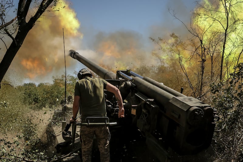 Servicemen of the 24th Mechanised Brigade fire a self-propelled howitzer towards Russian positions near Chasiv Yar town, in the Donetsk region, Ukraine (Oleg Petrasiuk/Ukrainian 24th Mechanised Brigade via AP)