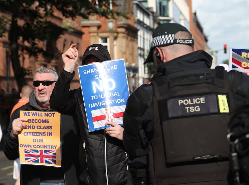 Anti-immigration protesters at Belfast City Hall on Friday evening.
PICTURE COLM LENAGHAN