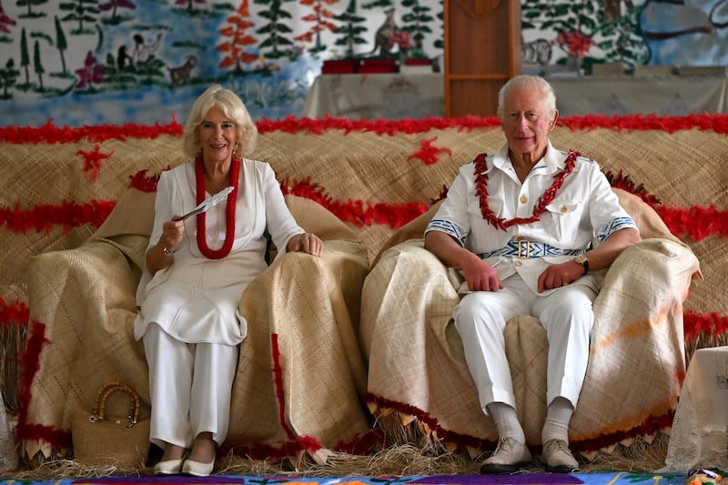 King Charles III and Queen Camilla during a traditional ‘ava ceremonial welcome during a visit to Moata’a Church Hall in Samoa.