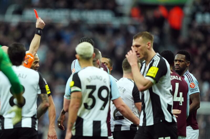 Aston Villa’s Jhon Duran was sent off during a 3-0 Premier League defeat at Newcastle