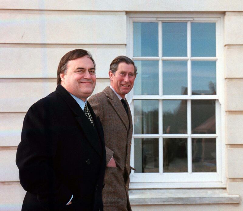 The then Prince of Wales and deputy leader of the Labour Party John Prescott touring Poundbury, Dorchester, in 1998