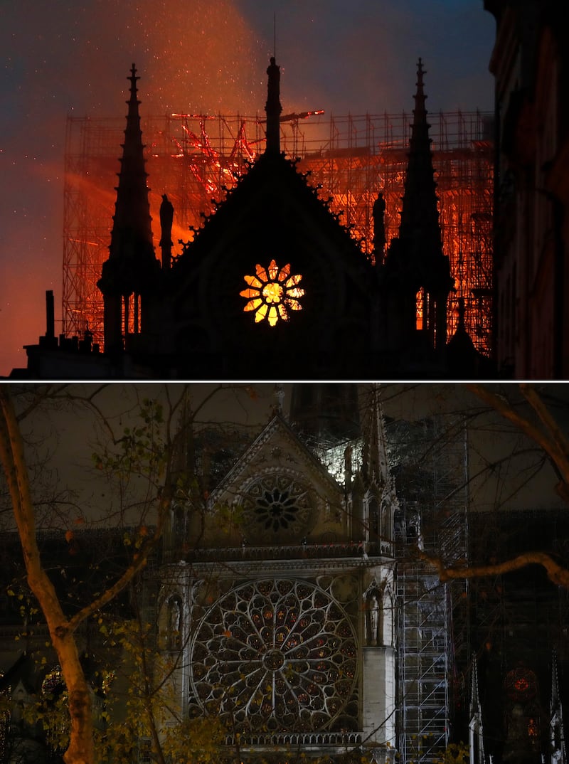 Flames and smoke rise from Notre Dame cathedral as it burns in April 2019, top, and a view of the cathedral following restoration works in December 2024 (Thibault Camus/AP)