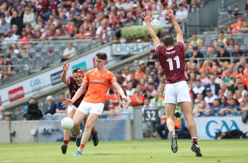 Armagh’s Ben Crealey  and Galway’s John Maher  during Sunday’s All-Ireland SFC Final at Croke Park in Dublin. 
PICTURE COLM LENAGHAN