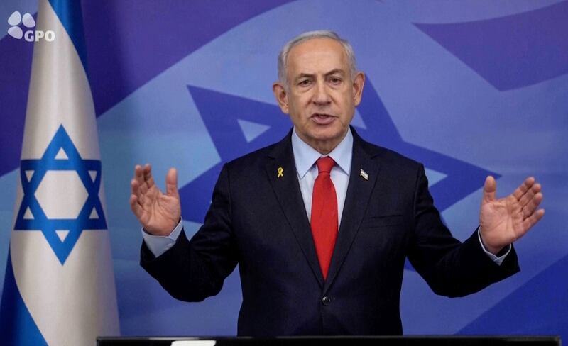 Israeli Prime Minister Benjamin Netanyahu making a televised statement (Israeli Government Press Office via AP)