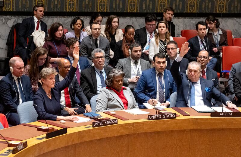 Linda Thomas-Greenfield, United States Ambassador and Representative to the United Nations, holds to abstain her vote as the United Nations Security Council passed a ceasefire resolution in Gaza (AP Photo/Craig Ruttle)