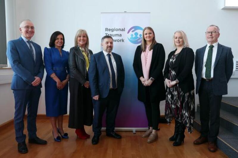 Pictured at an event in February to mark the progress of the Regional Trauma Network, (l-r) Ciaran Mulholland, RTN Clinical Director, Nicola Doherty, RTN Clinical Psychology Lead, Prof Nichola Rooney, event facilitator, Health Minister Robin Swann, Junior Minister Aisling Reilly, Junior Minister Pam Cameron, Oliver Wilkinson, Chair, Victims and Survivors Service Board.