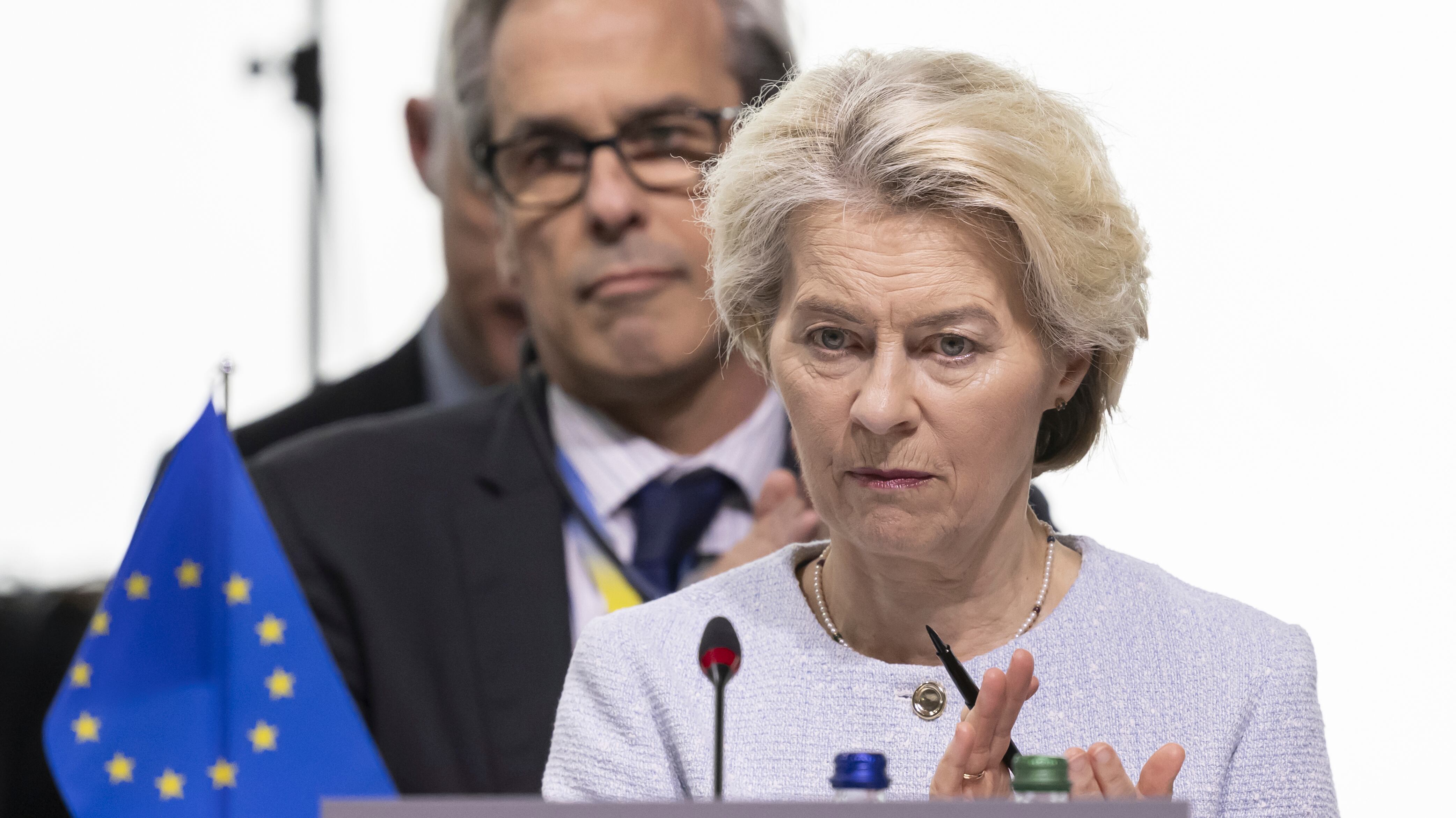 President of the European Commission Ursula von der Leyen attends the plenary session during the summit on peace in Ukraine, in Obburgen, Switzerland (Urs Flueeler/AP)