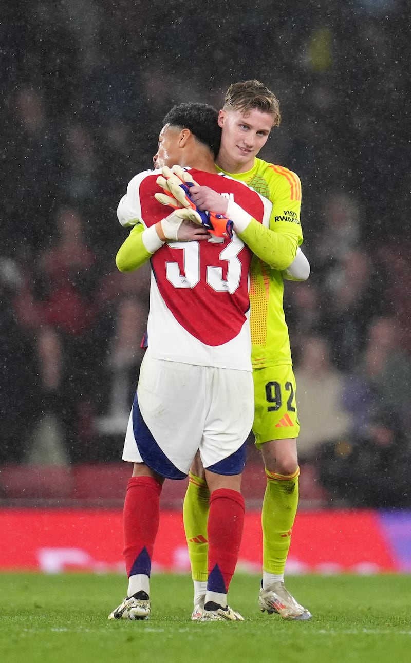 Sixteen-year-old Jack Porter, hugging Ethan Nwaneri at the final whistle, was handed his debut