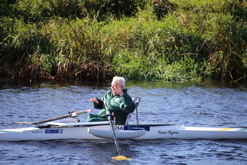 Former Paralympic medalist Eilish Byrne reacts after completing the 15k course