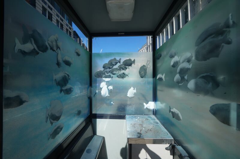 The artist appears to have used translucent spray paint on the glass windows to create the design, turning the sentry box into what looks like a giant fish tank