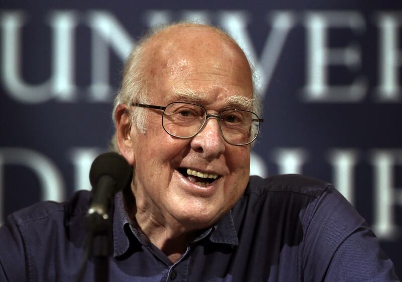 Prof Higgs speaking to the media at a press conference in Edinburgh after being awarded the Nobel Prize for Physics in 2013