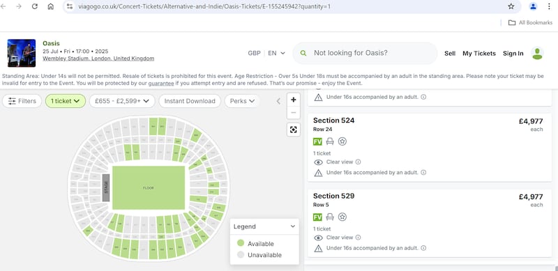 A screengrab taken from the Viagogo website of tickets for the Oasis concert at Wembley Stadium posted for sale on its site