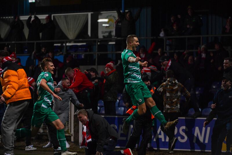 Cliftonville's Jonny Addis celebrates scoring against Newry City in the Sports Direct Premiership at the Newry Showgrounds