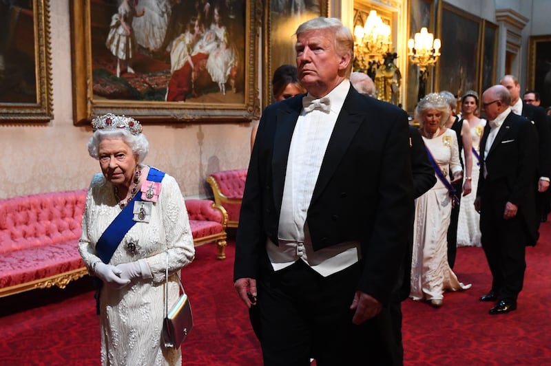 The Queen and US President Donald Trump making their way to the ballroom at the 2019 state banquet