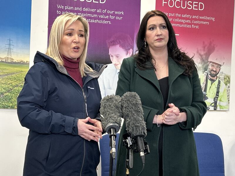 Stormont First Minister Michelle O’Neill and deputy First Minister Emma Little-Pengelly speak to the media at NIE Networks at Carn Industrial Estate in Craigavon