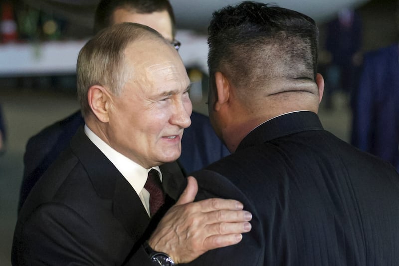 Mr Kim hailed the two countries’ ‘fiery friendship’ (Sputnik, Kremlin Pool Photo via AP)