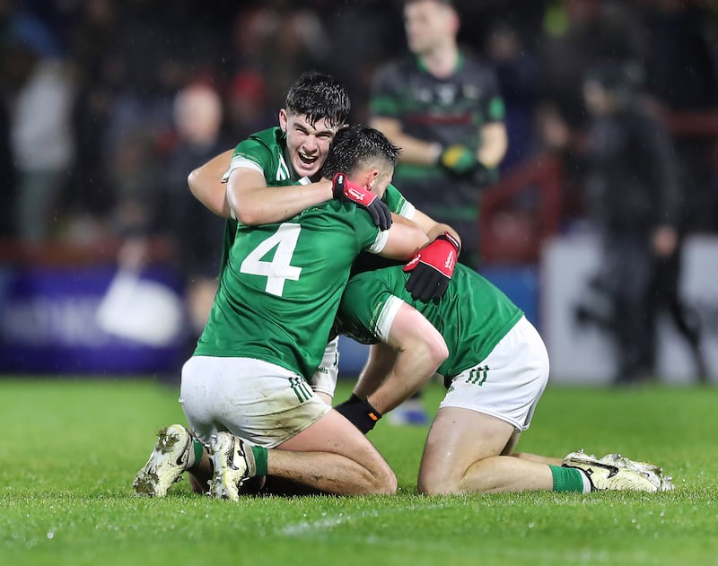 Final whistle celebrations for Newbridge after beating champions Glen in the Derry SFC final at Celtic Park on Sunday 27th October 2024