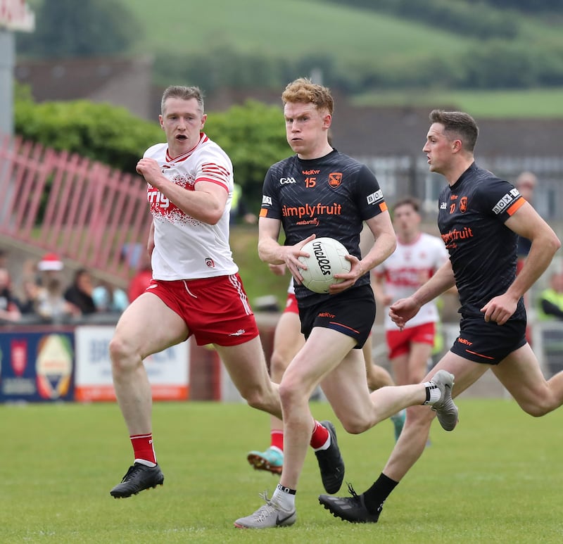 Turbo boost. Armagh forward Conor Turbitt on the attack at Celtic Park. Picture: Margaret McLaughlin