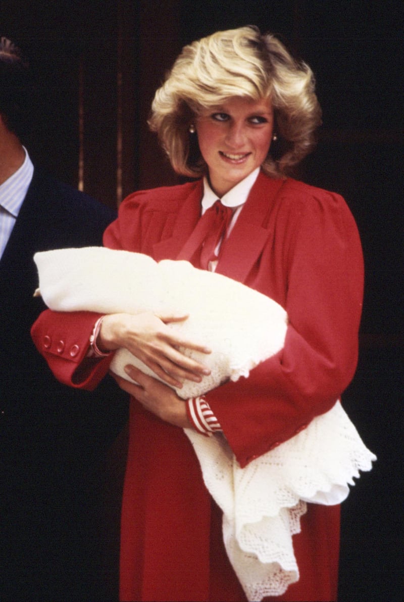 The Princess of Wales leaving the hospital with newborn Prince Harry in 1984