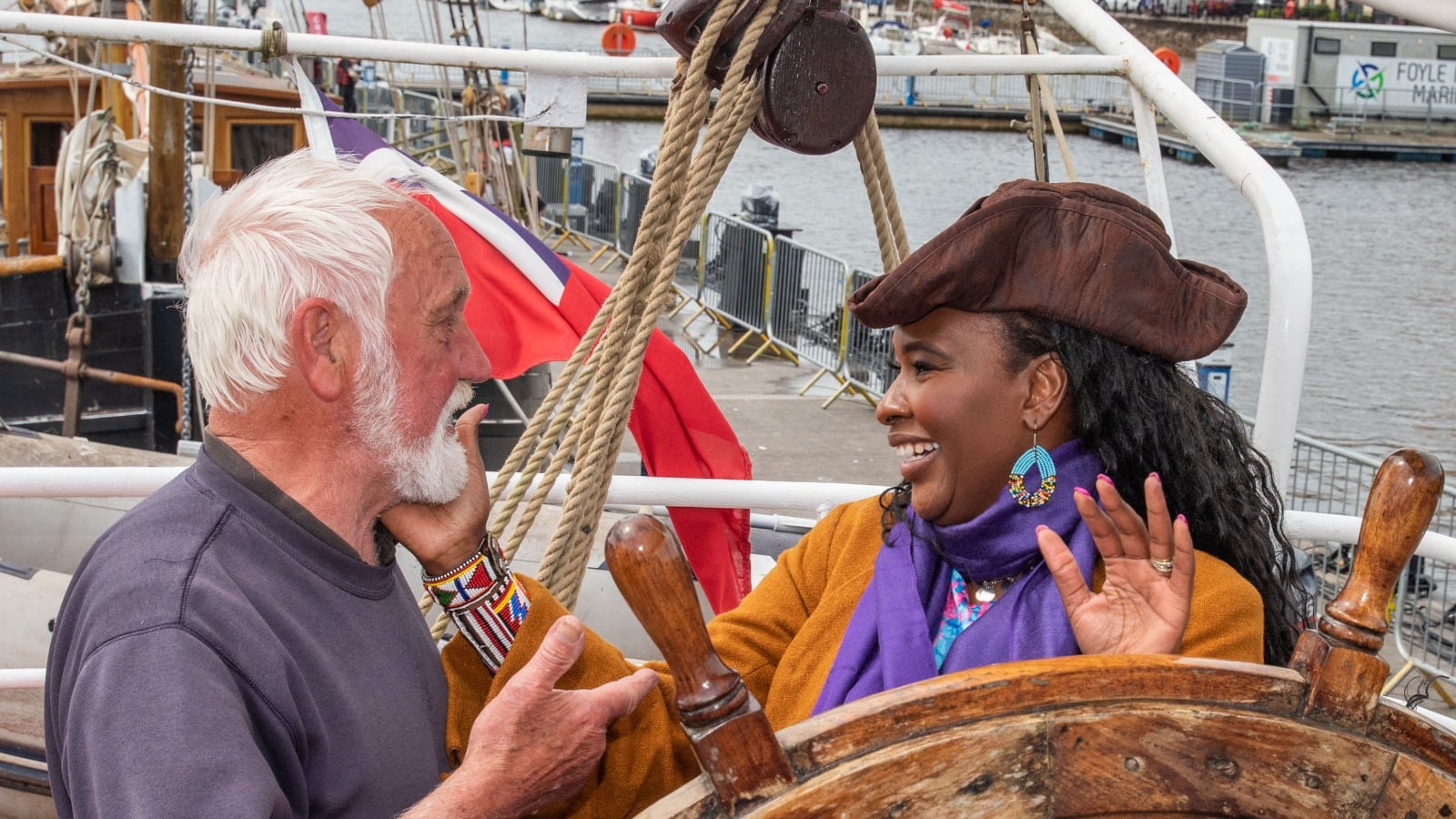 Derry mayor, Lilian Barr greeted captain, Roy Kerr on the arrival of the La Malouine tall ship on Thursday. Picture by Martin McKeown.