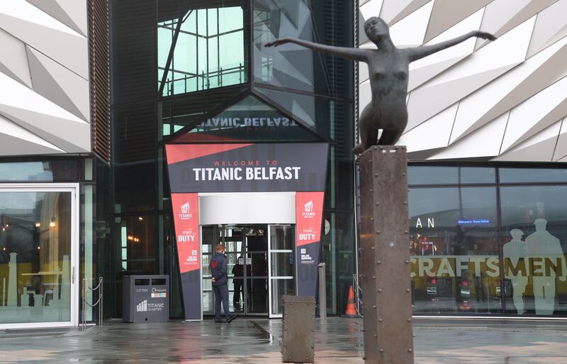 Repairs underway to the roof of Titanic Belfast Tourist attraction on Tuesday after it was damaged in the storms.
All Counties where  severely affected by Storm Isha on Sunday and Monday.
A further yellow weather warning for wind begins at 16:00 GMT on Tuesday.
PICTUERE: COLM LENAGHAN