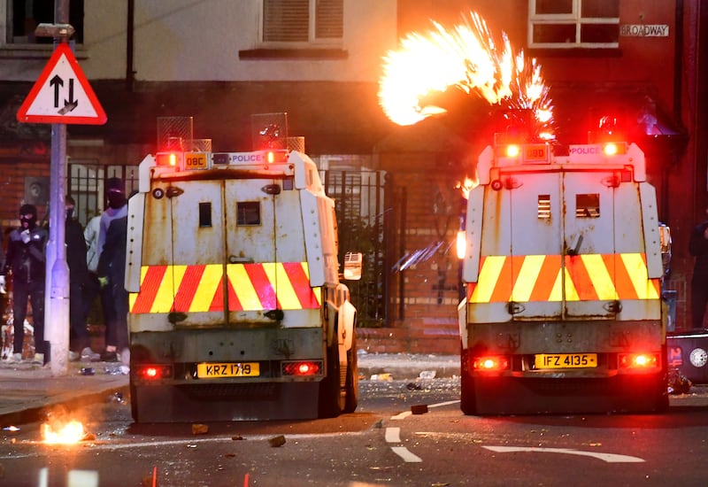 Alan Lewis - PhotopressBelfast.co.uk           17-7-2024
Police come under petrol bomb attack from rioters at Broadway in south Belfast on the second consecutive night of violent attacks on the police in the area.
Masked loyalist men and youths emerged sporadically from behind an onlooking crowd to throw rocks, missiles and petrol bombs at police vehicles.
Loyalists say they are angry at police for failing, they say, to respond to recent nationalist attacks on cars and people living on the protestant side of the Belfast interface.