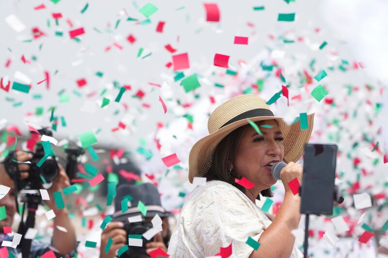 Presidential candidate Xochitl Galvez holds a campaign rally in Los Reyes la Paz on the outskirts of Mexico City (Fernando Llano/AP)