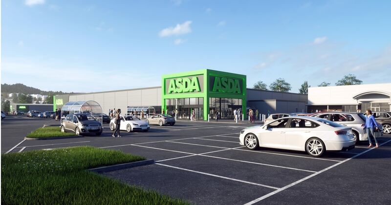 CGI showing an Asda supermarket in a car park.