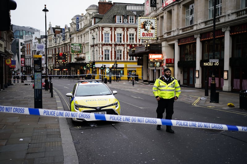 The scene on Shaftesbury Avenue in central London after four people were injured