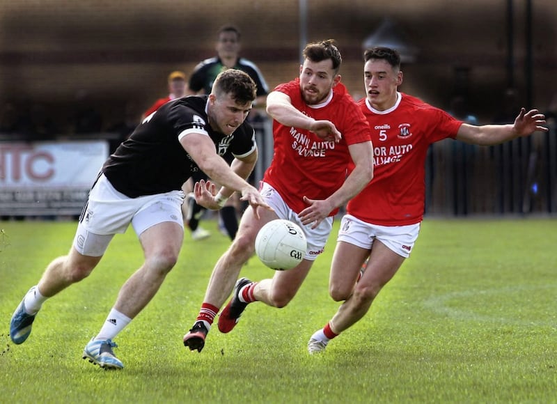 Clonoe&#39;s new captain Connor McAliskey takes on the Trillick defence during Sunday&#39;s game. Picture by Seamus Loughran. 