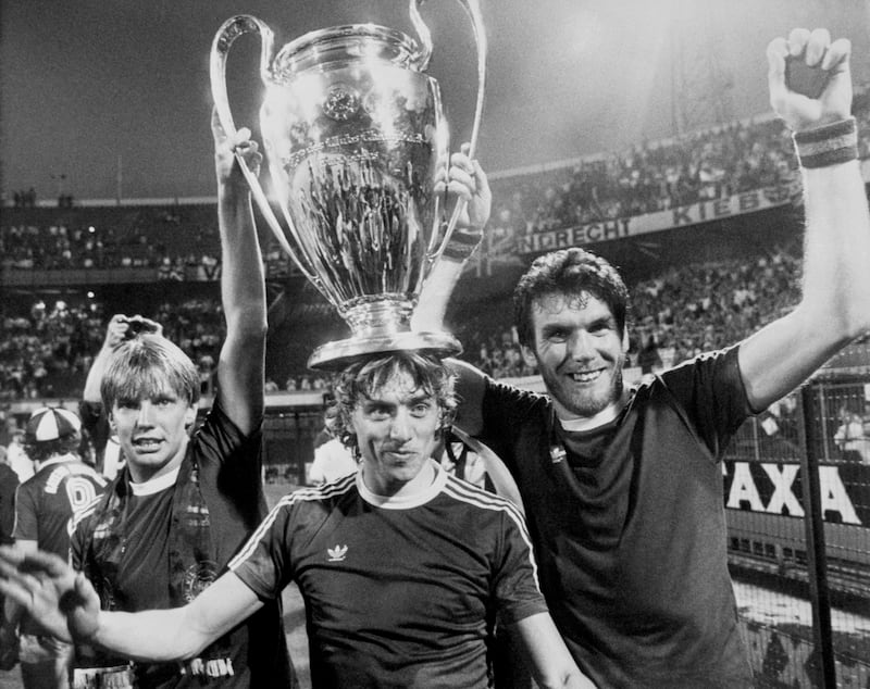 Aston Villa’s Gary Shaw (left) with Tony Morley (centre) and Peter Withe