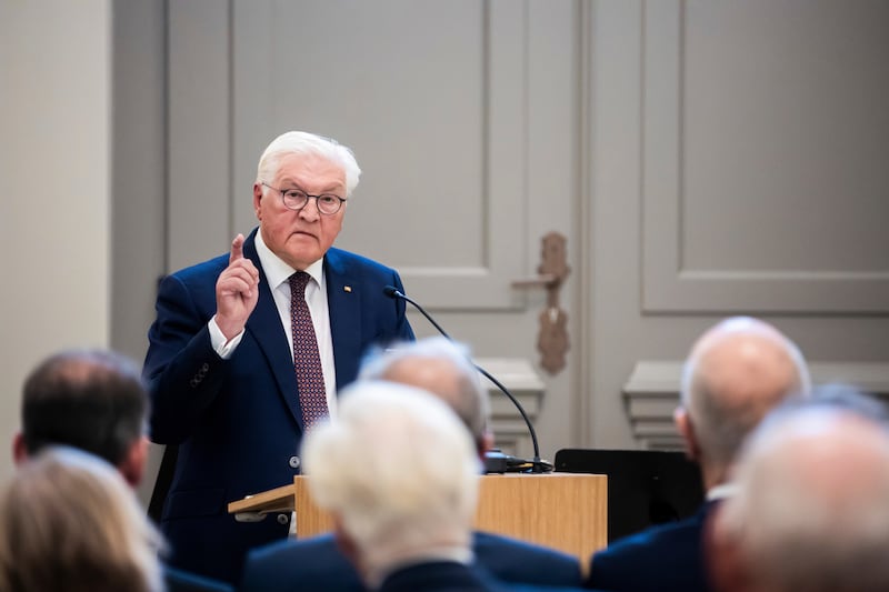 German President Frank-Walter Steinmeier speaks at the opening ceremony for the tower of the Garrison Church in Potsdam (Christoph Soeder/AP)