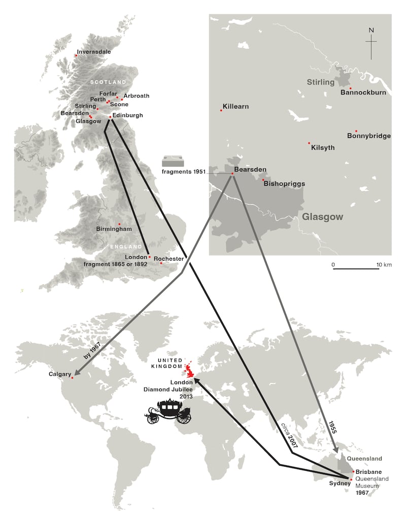 Graphic showing where various fragments of the Stone of Destiny have travelled (Christina Unwin/ Sally Foster)