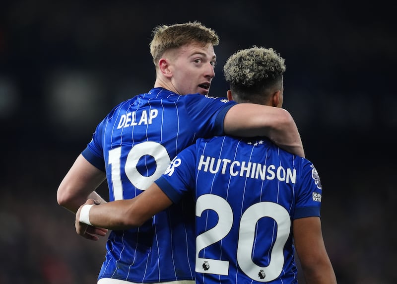 Liam Delap celebrates with team-mate Omari Hutchinson