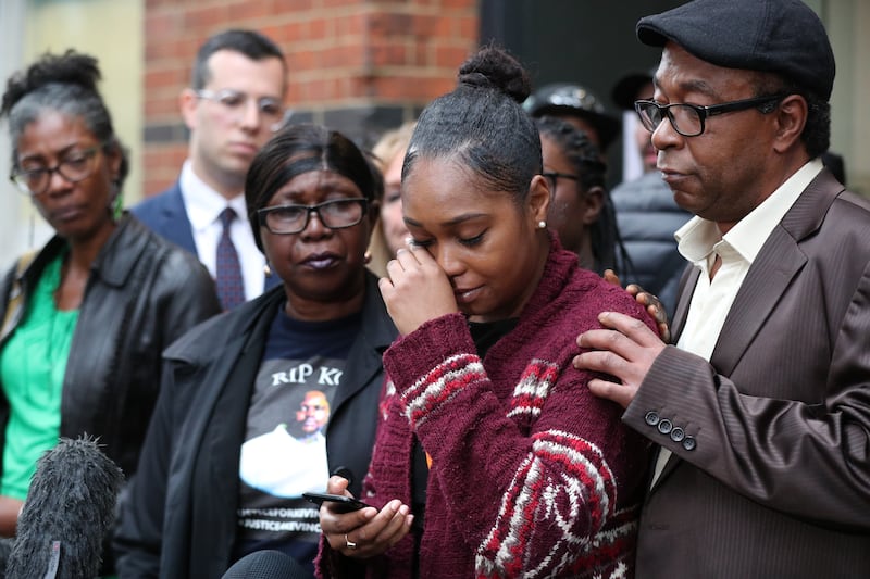 Wendy Clarke (second left) and Tellecia Strachen (second right), the mother and sister of Kevin Clarke, addressing the media outside Southwark Coroner’s Court in October 2020