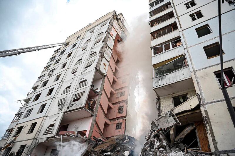 A partially collapsed block of flats after a missile attack by the Ukrainian armed forces in the Russian city of Belgorod (Belgorod Region Governor Vyacheslav Gladkov Telegram channel via AP)