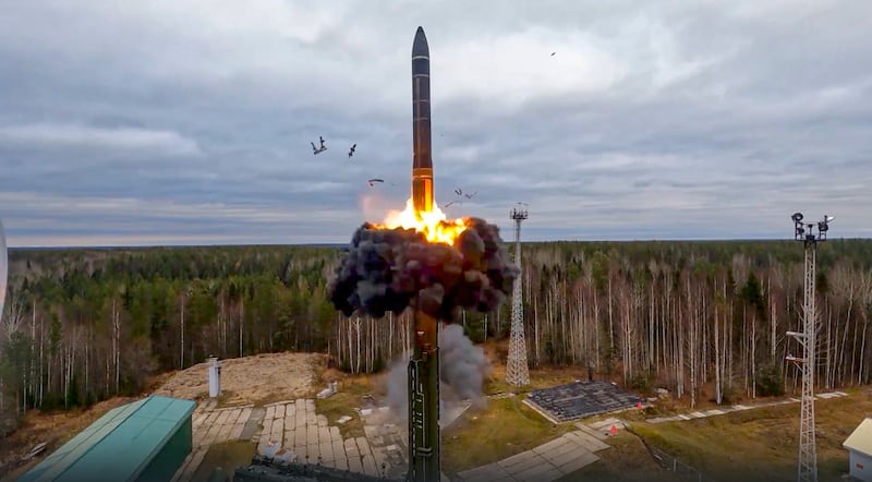 A Yars intercontinental ballistic missile is test-fired as part of a nuclear drill from a launch site in Plesetsk, north-western Russia (Russian Defence Ministry Press Service/AP)