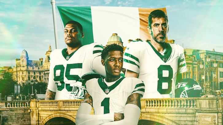 New York Jets players, Quinnen Williams, Sauce Gardner and Aaron Rodgers behind the Irish tricolour standing over the Dublin skyline