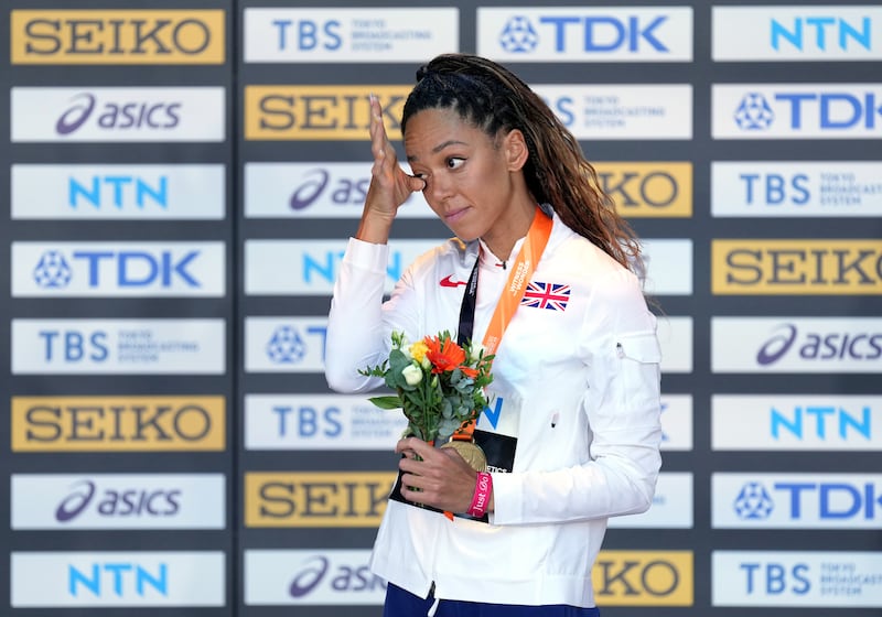 Johnson-Thompson with her gold medal at the 2023 World Athletics Championships in Budapest