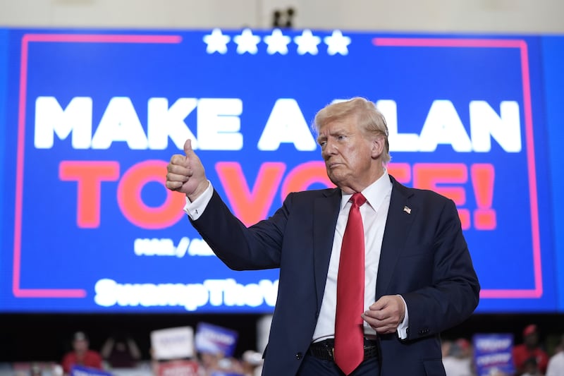 Republican presidential candidate former president Donald Trump wraps up a campaign rally (AP Photo/Alex Brandon)