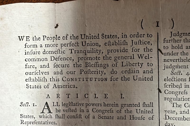 Part of the 1787 copy of the US Constitution up for auction (Jeffrey Collins/AP)