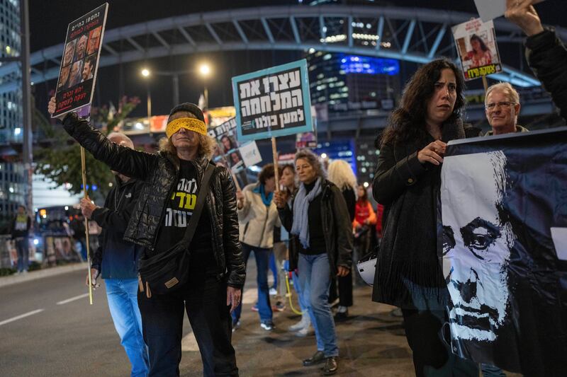 Israelis protest against Prime Minister Benjamin Netanyahu’s government and call for the release of hostages held in the Gaza Strip (Ohad Zwigenberg/AP)