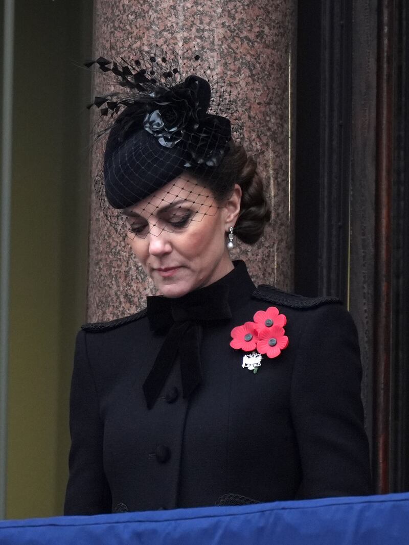 The Princess of Wales on a balcony at the Foreign, Commonwealth and Development Office (FCDO) during the Remembrance Sunday service at the Cenotaph in London. Picture date: Sunday November 10, 2024.