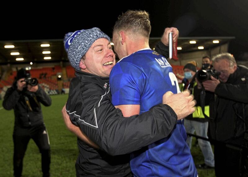 Cavan manager Mickey Graham celebrates with Padraig Faulkner after winning the 2020 Ulster SFC Final.<br /> Picture Seamus Loughran