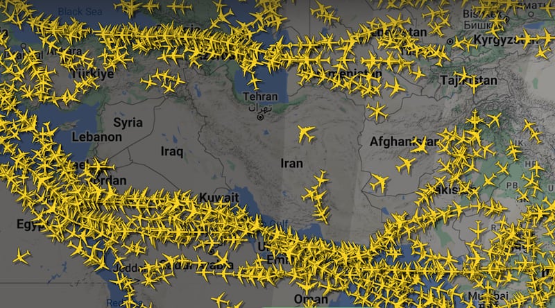 Screenshot of Flight Radar showing closed airspace around Iran in the wake of Israel’s latest assault on the Middle East .