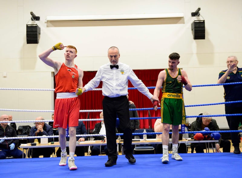 Rory Lavery [green] of Holy Family Belfast and Anthony Malanaphy of Erne during the 63.5kg Semi Final bout at the Ulster Elite’s at Girdwood community hub in Belfast . Malanaphy [red] went on to win. Picture Mark Marlow